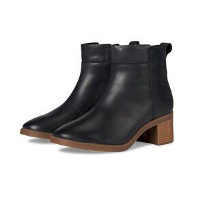 Clarks Black Leather Ankle Booties with Brown Stacked Heel